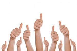Group of caucasian white people making hand Thumbs up sign isolated on white background. Like, approval or endorsment concept.